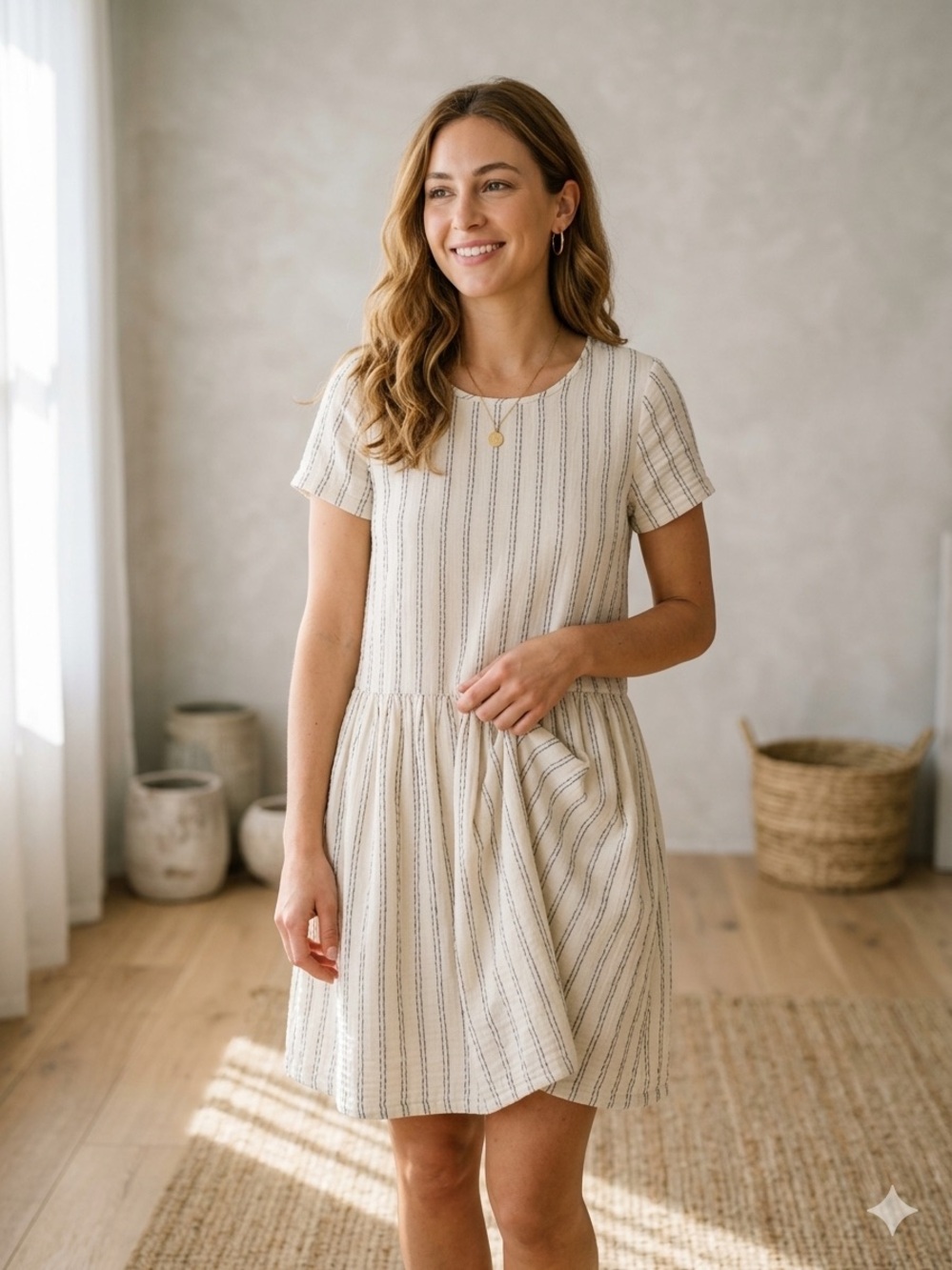 Sea New York Striped Textured Mini Dress Size 2 Cream Cotton Coastal Cottagecore